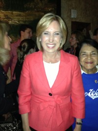 STILL SMILING: City Controller Wendy Greuel stayed optimistic - and friendly - as the vote tally turned toward Councilman Eric Garcetti on Election Night.  Her party was at The Exchange in downtown Lo Angeles.