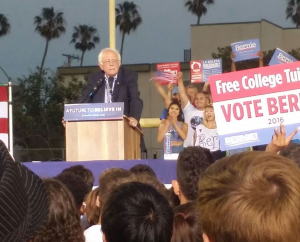 Photo of Bernie speaking at 8:04 p.m.. Photo by Daniel Lorell 